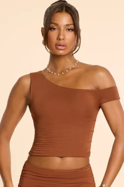 Oh Polly Asymmetric Neck Ruched Modal Cashmere Blend Top In Chestnut Brown Best