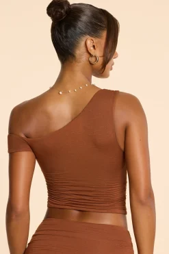 Oh Polly Asymmetric Neck Ruched Modal Cashmere Blend Top In Chestnut Brown Best