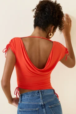 Oh Polly Asymmetric Ruched Cowl-Back Crop Top In Scarlet Best