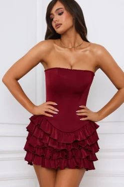Oh Polly Bandeau Ruffled Tiered Corset Mini Dress In Berry Red Hot