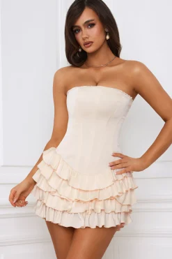 Oh Polly Bandeau Ruffled Tiered Corset Mini Dress In Ivory Outlet