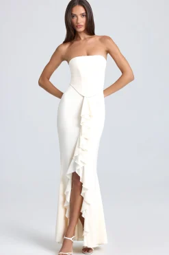 Oh Polly Bandeau Ruffle-Trim Corset Gown In Ivory Discount