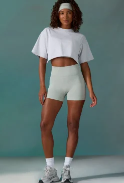 Oh Polly Cotton Cropped Oversized T-Shirt In Ice Grey Clearance