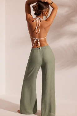 Oh Polly Crinkle Textured Beach Trousers In Light Green New