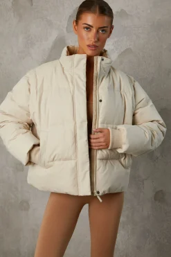 Oh Polly Cropped Puffer Jacket With Detachable Sleeves In Sand Best