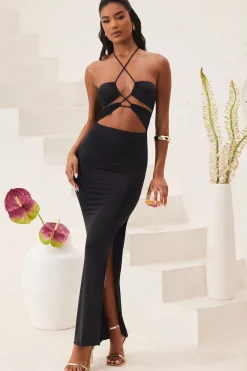 Oh Polly Cut Out Halter Neck Floor Length Maxi Dress In Black Best