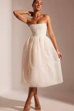 Oh Polly Embellished Corset Tulle Skirt Midi Dress In Ivory Cheap