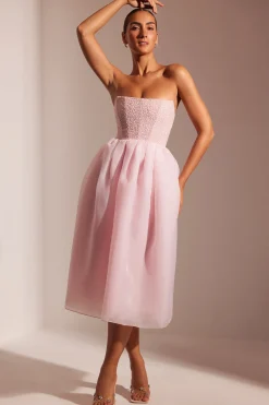 Oh Polly Embellished Corset Tulle Skirt Midi Dress In Blush Fashion