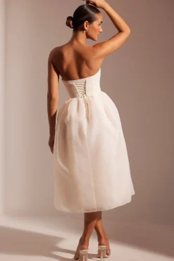 Oh Polly Embellished Corset Tulle Skirt Midi Dress In Ivory Cheap
