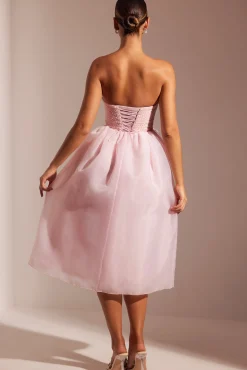Oh Polly Embellished Corset Tulle Skirt Midi Dress In Blush Fashion