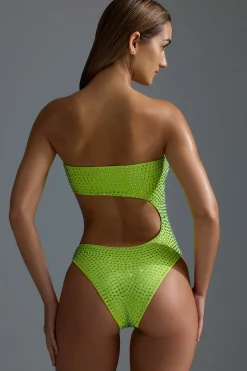 Oh Polly Embellished Cut-Out Cheeky One-Piece Swimsuit In Acid Lime New