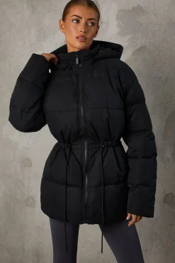 Oh Polly Mid Length Hooded Puffer Coat In Black Clearance