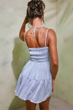 Oh Polly Shirred Bodice A-Line Mini Dress In Sky Grey Flash Sale