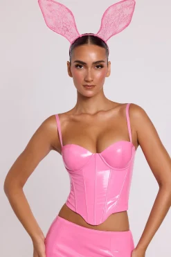 Oh Polly Vinyl Underwired Corset Crop Top In Pink Discount